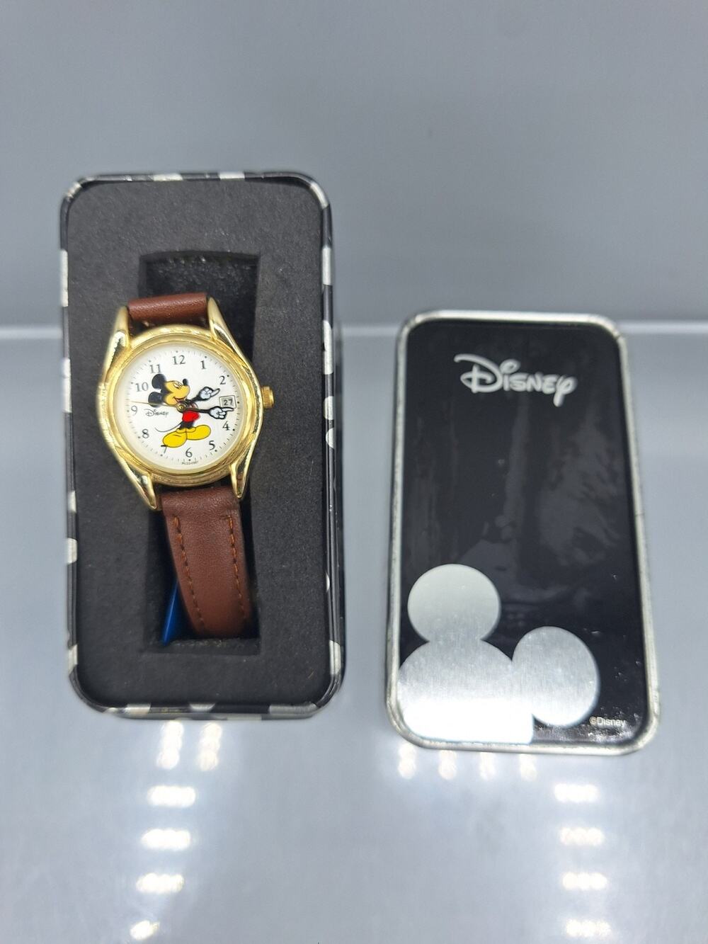 Disney's~Mickey Mouse Watch~With Brown Strap~Original Tin
